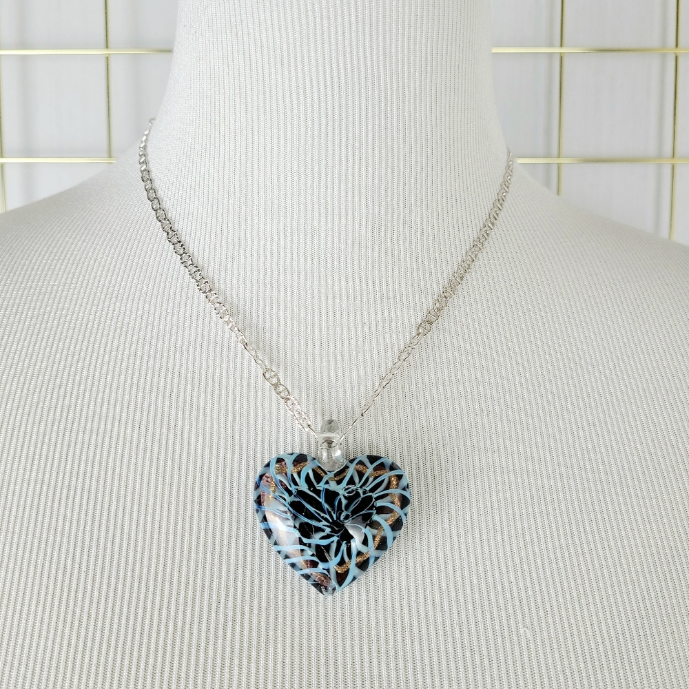 Heart Glass Blue Brown Swirl Pendant - Picture 2 of 9